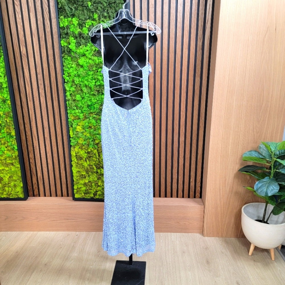 V-neckline Sequin Beaded Lace Up Tie Open Back Prom Dress Primavera size 10 - Picture 7 of 14